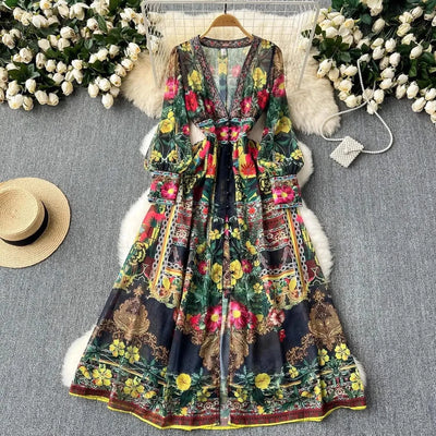 Summer Gorgeous Flower Dress Women Chiffon Clothing Sexy Deep V Neck Single Breasted Floral Print Beach Boho Long Robe Vestidos