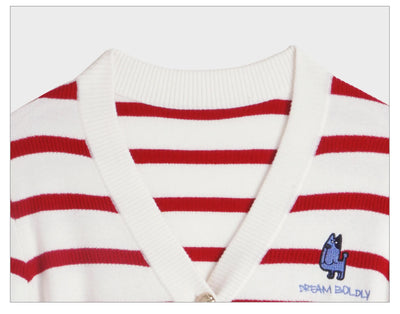 OLrain Wool Blend Striped Cardigan Women 2025 Spring Commute Embroidery V Neck Long Sleeve Chic Button Knitwear M56QZ86390
