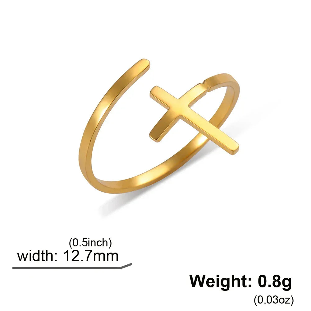 Cazador Christian Cross Open Rings for Women Stainless Steel Christian Jewelry Adjustable Finger Rings Birthday Valentine Gift