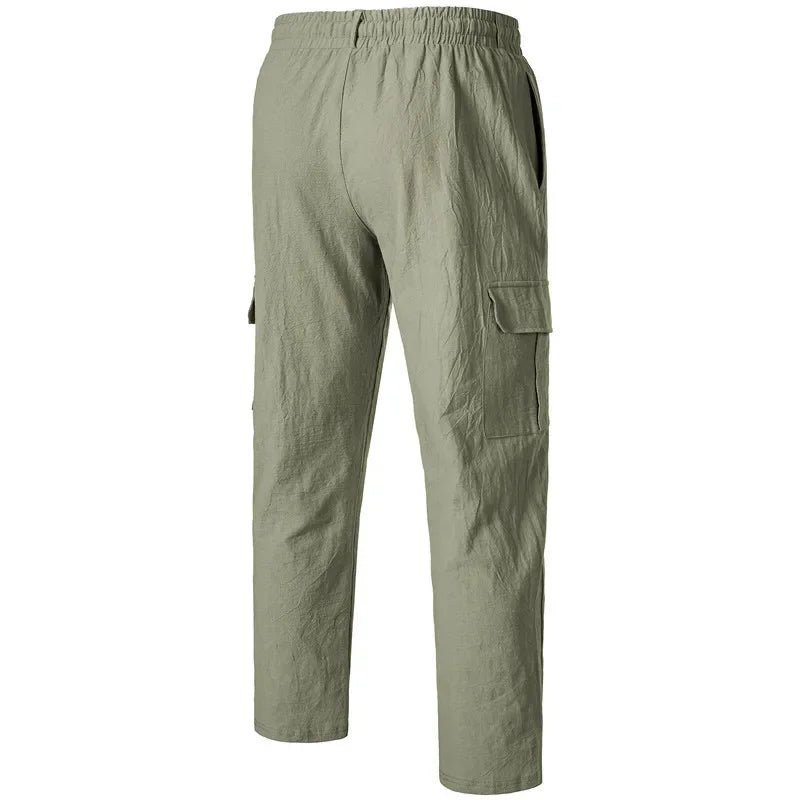 Men's Casual Trousers Loose Comfortable cargo pants Pants Man Cotton Linen multi-pocket Straight trousers Beach thin men Pants