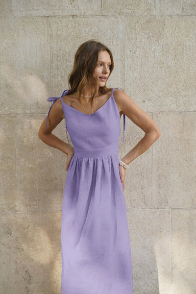 Cotton Linen Solid Color Spaghetti Strap Dresses Women Fashion Leace-up V-neck Backless Beach Vacation Long Dress Female New