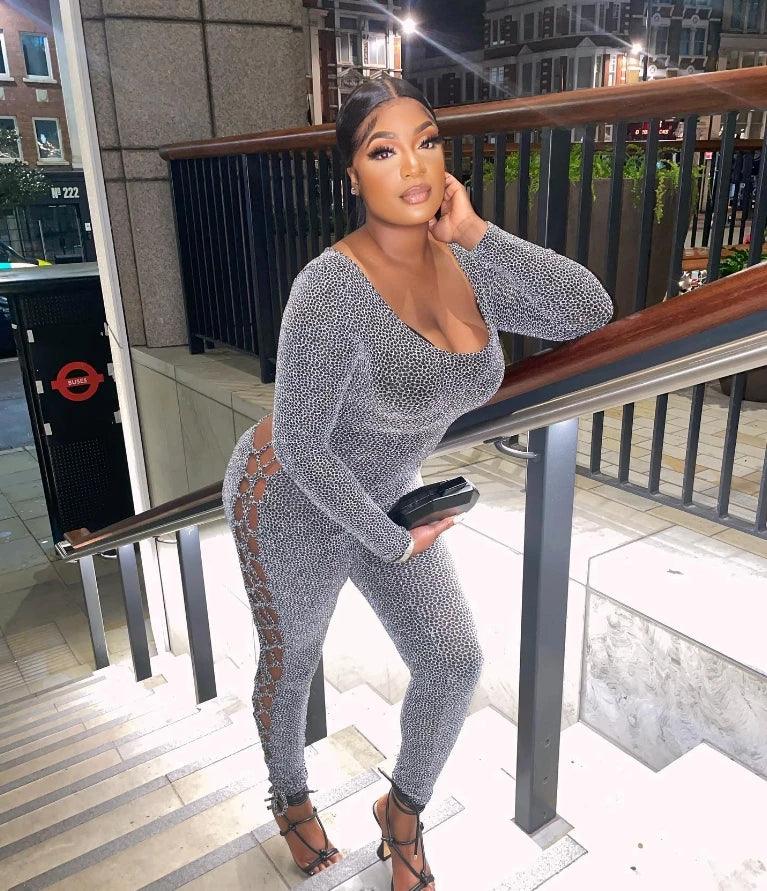 Jumpsuit woman for Woman 2025 Sexy Skinny Allover Print Lace-Up Side Long Sleeve Jumpsuits Tight sexy women's cross tie Jumpsuit