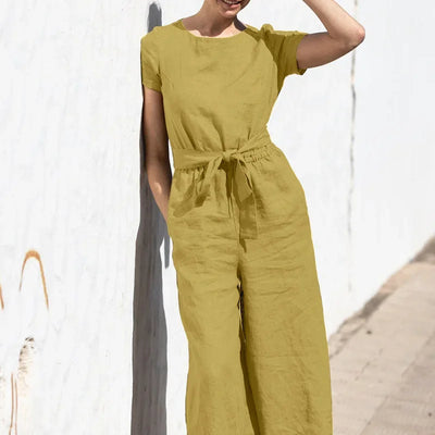 2025 Summer Short Sleeve Rompers Casual Loose Tighten Waist Solid Work Long Playsuit Elegant Women Jumpsuits Retro Overalls