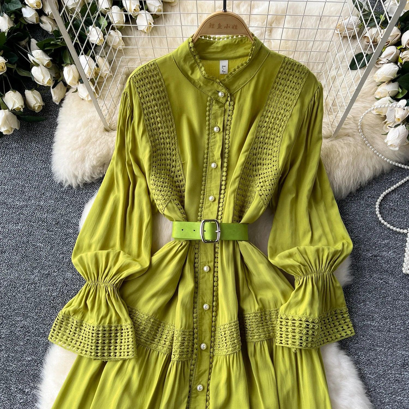 Retro Elegant Summer Stand Collar Flare Sleeve Single Breasted Lace Spliced Dress A-line French Evening Party Women Dresses