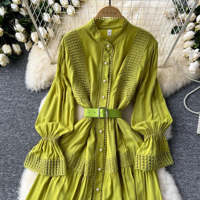 Retro Elegant Summer Stand Collar Flare Sleeve Single Breasted Lace Spliced Dress A-line French Evening Party Women Dresses