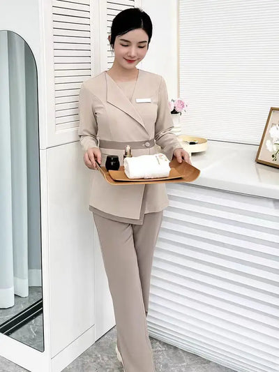 Women's Khaki SPA Uniform Set 2025 Spring/Autumn New Style Beauty Salon Front Desk Workwear Top And Pants Company Wholesale