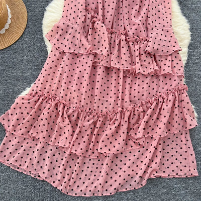 Dot Dress Women Long Dresses Print Chiffon Lace Up Flare Sleeve A Line Vestidos Streetwear Elegant Splice Y2k High Waist Party