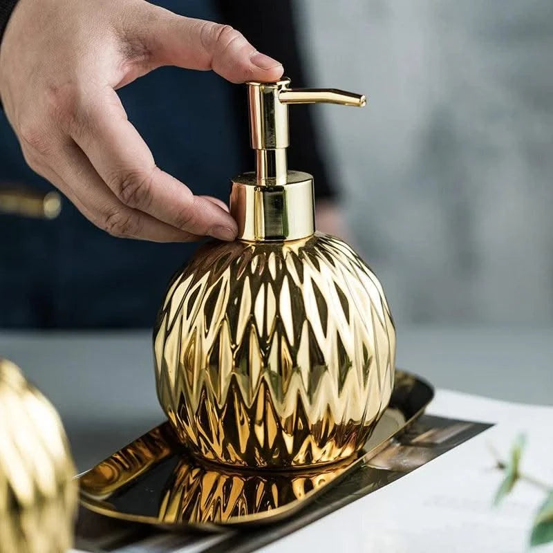 Luxury Gold Soap Dispenser with Press handle  Ceramic Dispenser Silver Dispenser with stainless steel Tray Bathroom Accessory