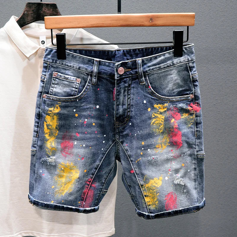 Men Fashion Denim Shorts Jeans New Summer Male Blue Ripped Jeans Shorts High Quality Man Paint Splash Technology Denim Shorts