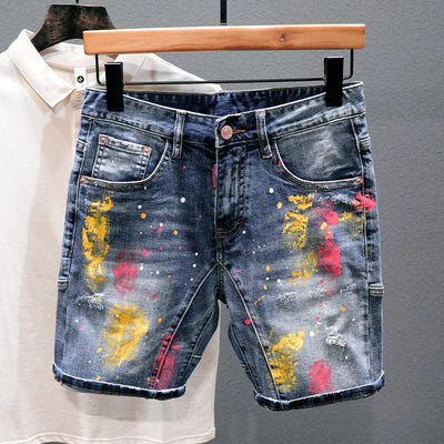 Men Fashion Denim Shorts Jeans New Summer Male Blue Ripped Jeans Shorts High Quality Man Paint Splash Technology Denim Shorts