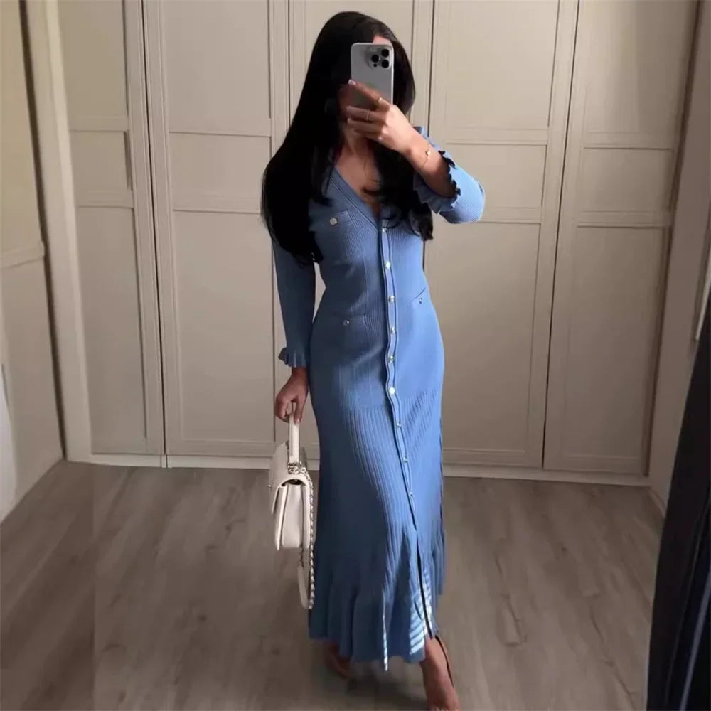 Ruffles Hem Knitted Dress For Women Elegant V Neck Long Sleeve Single Breasted Loose Vestidos Fashion Office Lady Knit Robe