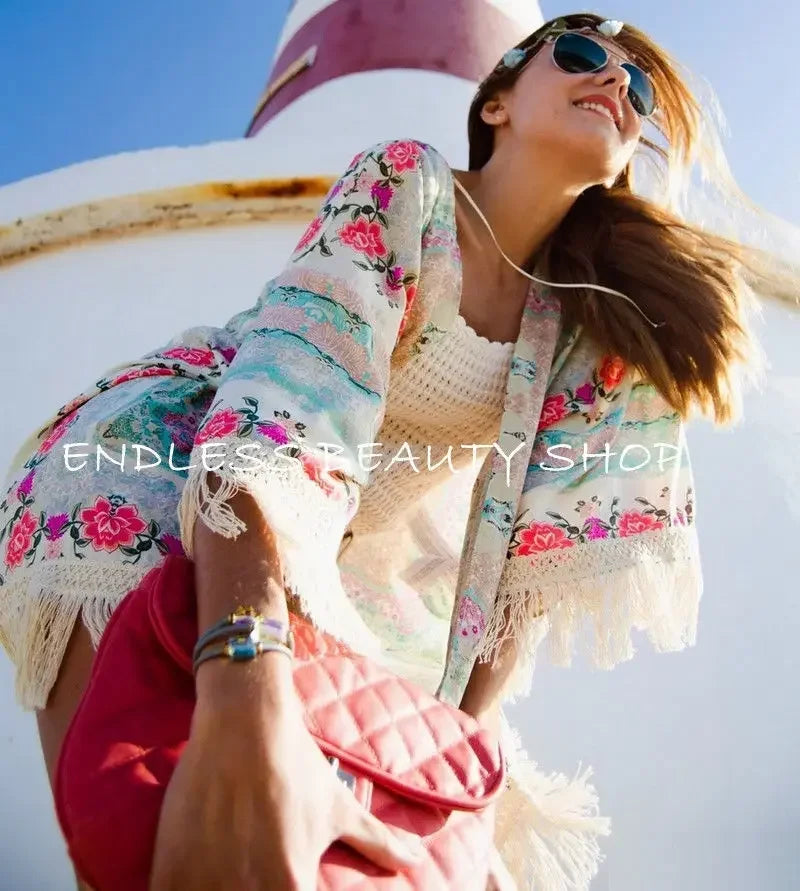 Women Shirts Summer Holiday Boho Floral Print Thin See Through Tassel Half Sleeve Cardigan Beachwear Cape Shirts Woman Tops