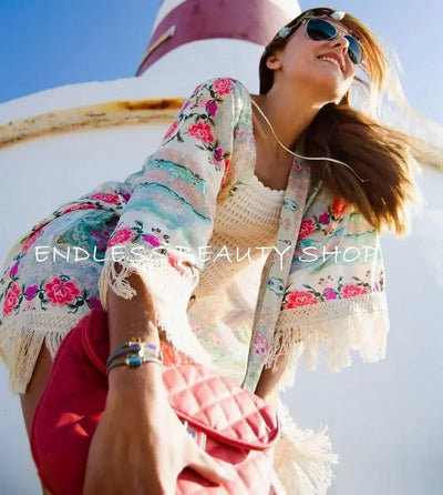 Women Shirts Summer Holiday Boho Floral Print Thin See Through Tassel Half Sleeve Cardigan Beachwear Cape Shirts Woman Tops