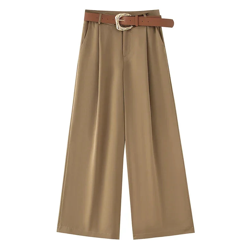 TRAF Women's Pants High Waist Wide Leg Pants with Belt Satin Long Trousers Pockets Casual Baggy Pants Summer Elegant Lady Pants
