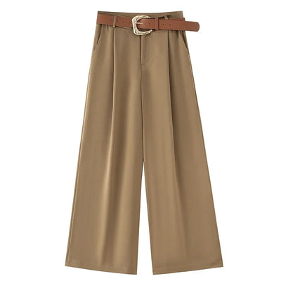 TRAF Women's Pants High Waist Wide Leg Pants with Belt Satin Long Trousers Pockets Casual Baggy Pants Summer Elegant Lady Pants
