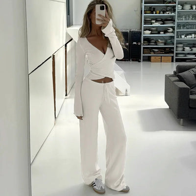 Women Fashion Lounge Set Vintage 2 Piece Outfit Spring Autumn V Neck Waist Tie T-shirt+Elastic Waist Pants Long Sleeve Crop Tops