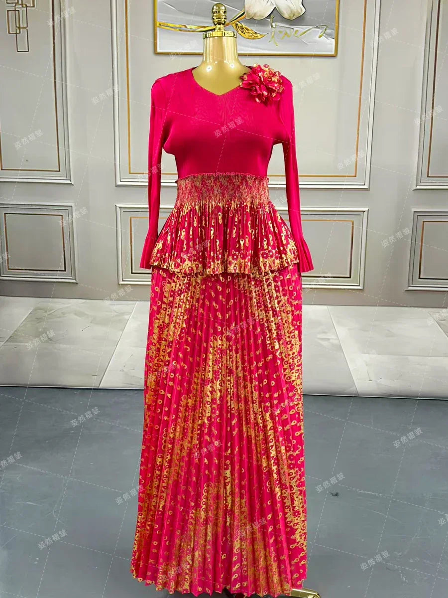 Luxury Women Chic Evening Dresses 2025 Formal Ball Gowns Elegant Party Miyake Pleated Long Sleeve Dress Female Plus Size Clothes