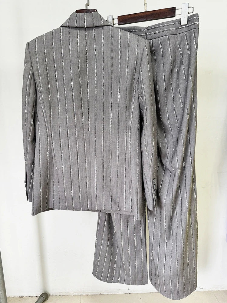 Women Pants Two Piece Sets Women Gray Rhinestone Single Button Blazer + Sparkle Striped Diamonds Pants Suits Evening Party Club