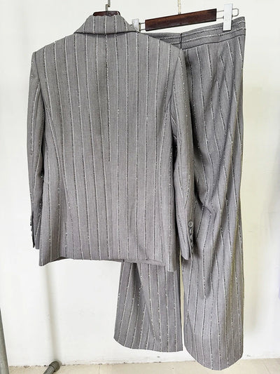 Women Pants Two Piece Sets Women Gray Rhinestone Single Button Blazer + Sparkle Striped Diamonds Pants Suits Evening Party Club