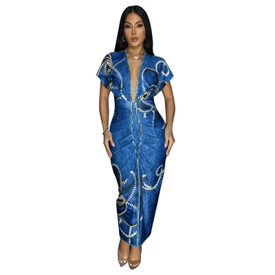 Fashionable Short Sleeve V-Neck Printed Slim Fit African Style Women's Dress K10822 Cross-Border Elegant Chic Dress