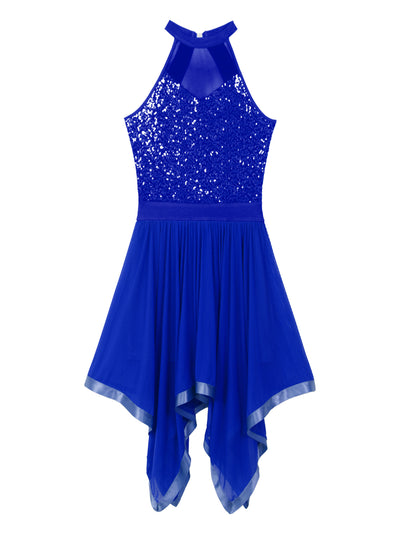 Elegant Ballet Leotards Dance Dress For Women Shiny Sequins Asymmetrical Hem Mesh Lyrical Dresses Prom Performance Costume