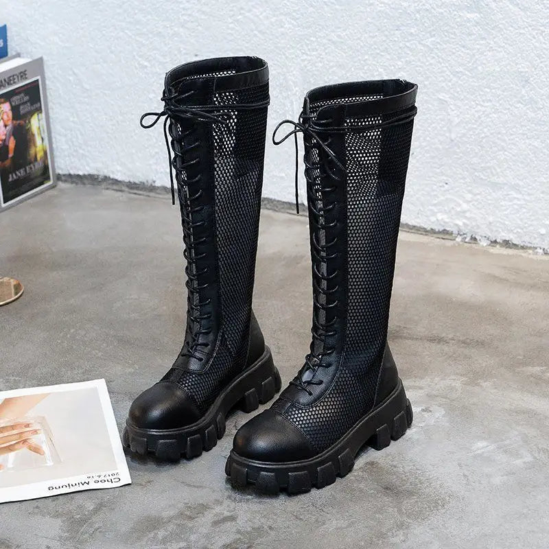 2025New Boots for Women Fashion Knee-high Boots Summer Breathable Hollow Out Mesh Boots Non Slip Platform Boot Punk Botas Mujer