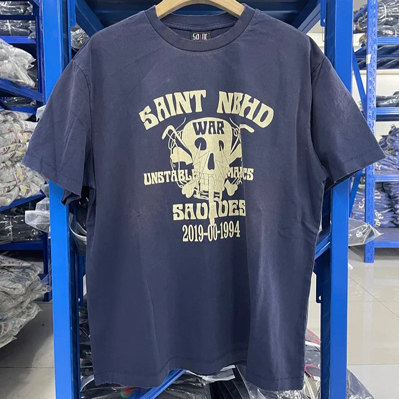 Saint 2025 New Short Sleeve Men Women T-shirts Retro Oversize White Black O-Neck Cotton Print