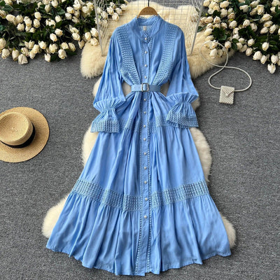 Retro Elegant Summer Stand Collar Flare Sleeve Single Breasted Lace Spliced Dress A-line French Evening Party Women Dresses