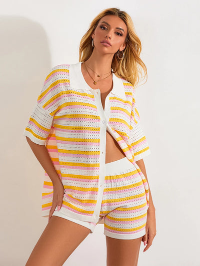 Women Pajamas Set 2 Pieces Loungewear Suits Summer Striped Contrast Color Button Crochet Knit Tops and Shorts Lounge Sets Beach