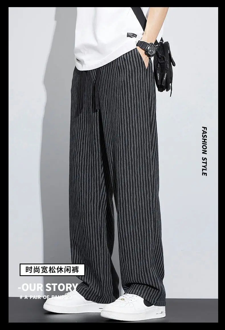 New Men's Trousers with a Sense Design Featuring Unique Stripe Pattern Hanging Wide-leg Loose Straight Casual Long Pants