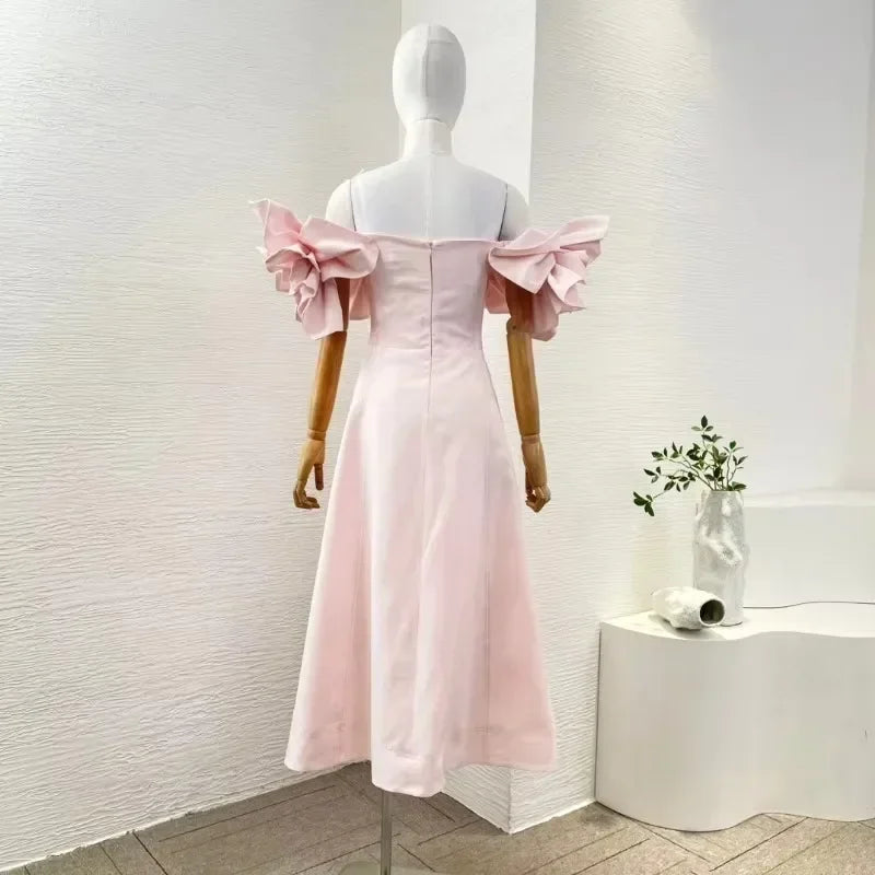 2025 New Design Spring Summer Strapless Pink Flowers High Quality Appliqued Decoration Women Midi Dress - Elanique