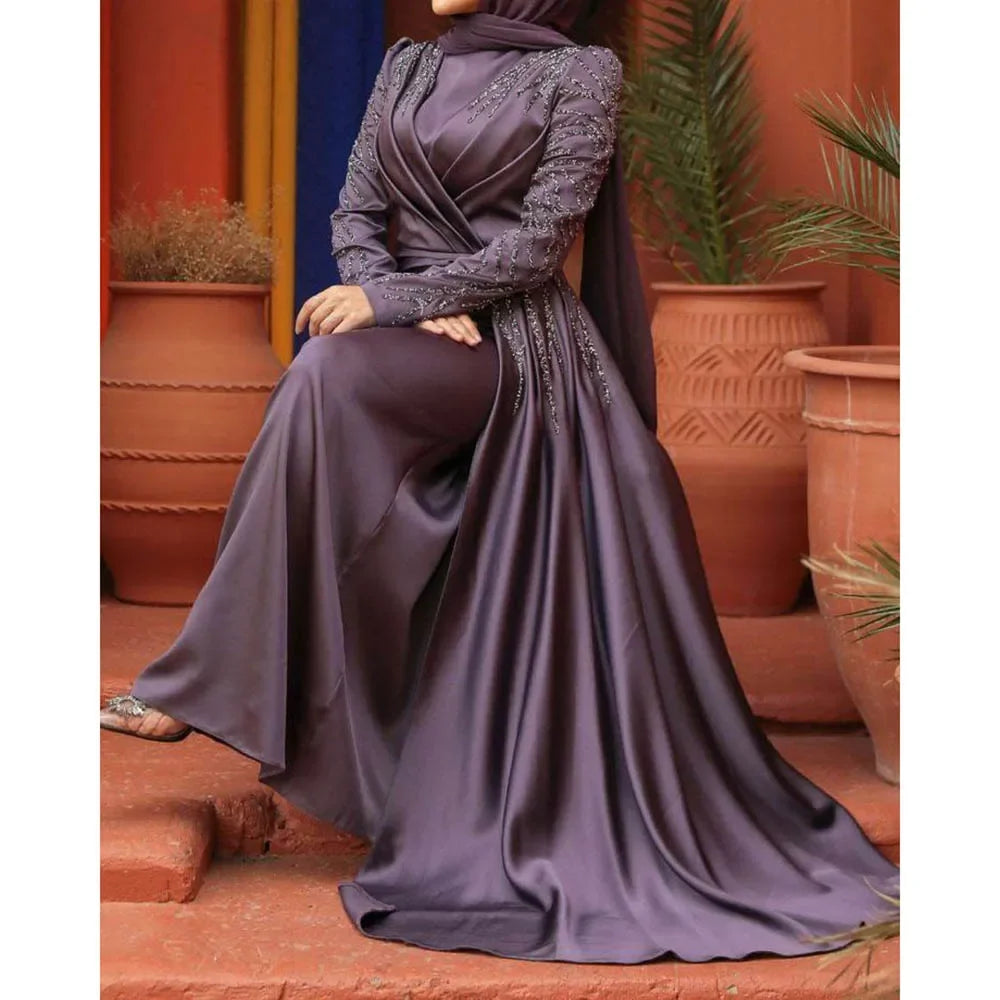 Luxury Dubai Women Evening Dresses Long Sleeve High Neck Appliques Sequine Chapel Train Pleat Gowns Formal Occasion Vestidos