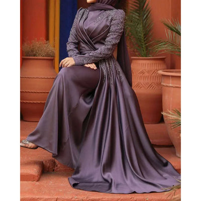 Luxury Dubai Women Evening Dresses Long Sleeve High Neck Appliques Sequine Chapel Train Pleat Gowns Formal Occasion Vestidos
