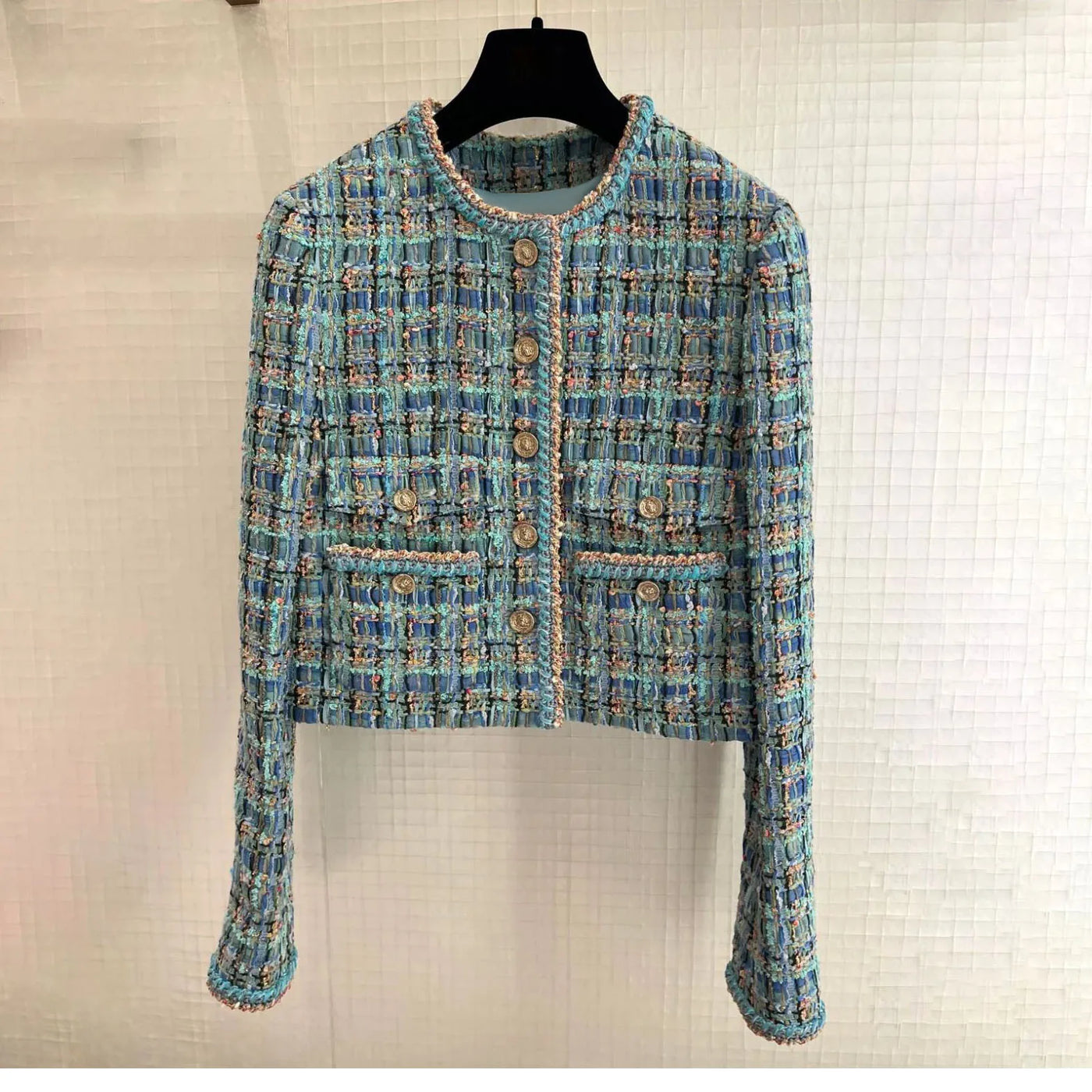 Autumn 2025 New Sle Blue een Tweed round Ne Single Button ort Quilted Jaet Women's Faion Outerwear Small Fraanc...