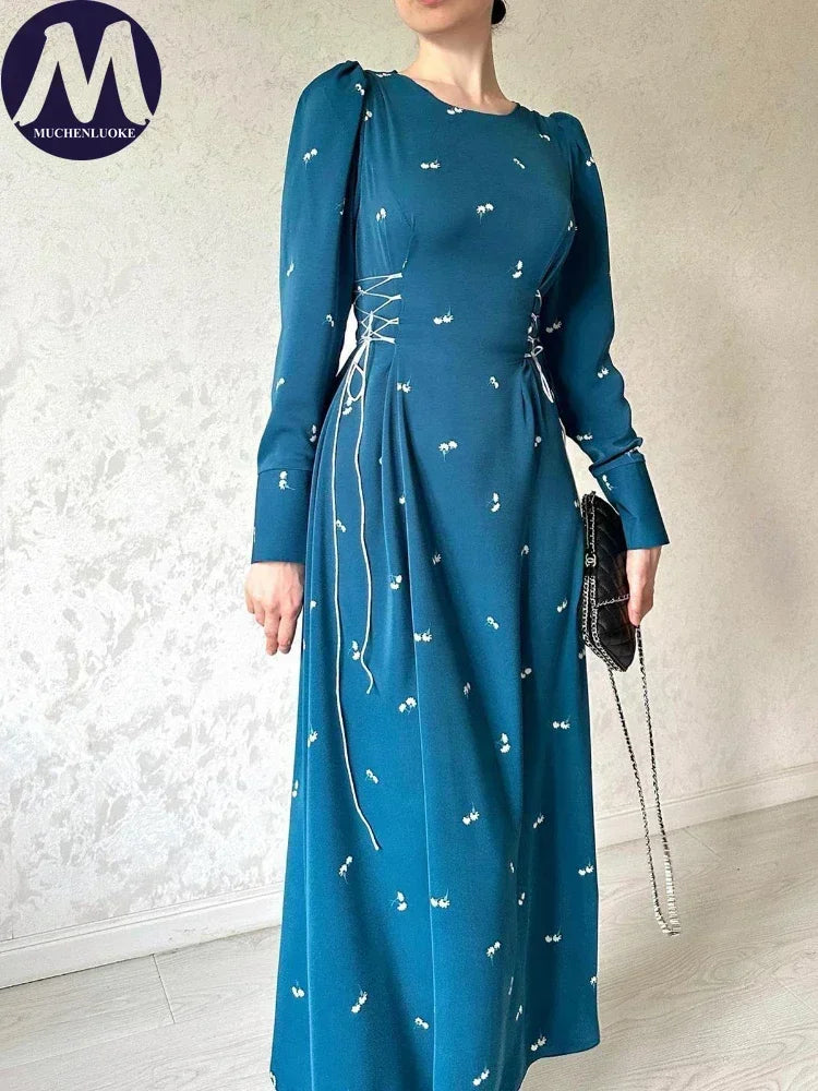Elegant Dresses for Women 2025 Spring Summer New Long Sleeve O Neck Dress Fashionable Slim Fit Lace Up Lower Back Evening Dress