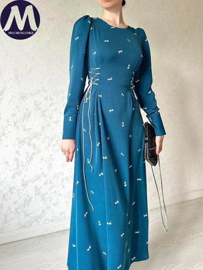 Elegant Dresses for Women 2025 Spring Summer New Long Sleeve O Neck Dress Fashionable Slim Fit Lace Up Lower Back Evening Dress