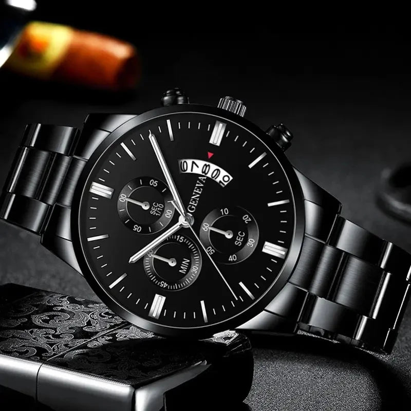 Fashion Mens Watches Luxury Black Stainless Steel Quartz Wrist Watch Man Business Watch for Men Calendar Clock Reloj Hombre