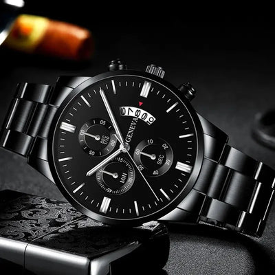 Fashion Mens Watches Luxury Black Stainless Steel Quartz Wrist Watch Man Business Watch for Men Calendar Clock Reloj Hombre