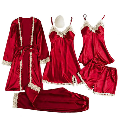 Women's Summer Sexy Pajama Pants Set 5 Pieces Nightgown Nightdress Top Shorts Pants Set Lace Satin Silk Sleepwear Robe Sleepwear