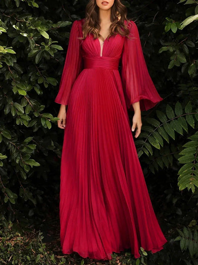 Women's Muslim Islamic  Dresses Fashion Elegant Folds Flare Sleeve Plunge Neck Maxi A-Line Evening Dresses