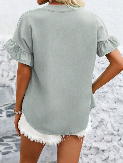 Women Button Solid Cotton Linen Blouses Summer 2025 Fashion Stand Up Short Sleeve Shirts Casual V-Neck Ruffles Office Lady Tops