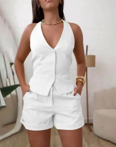 Summer Sexy Backless 2 Pieces Sets New Fashion Women's Outfits V Neck Button Front Sleeveless Tank  Pocket Shorts Set Suit Women