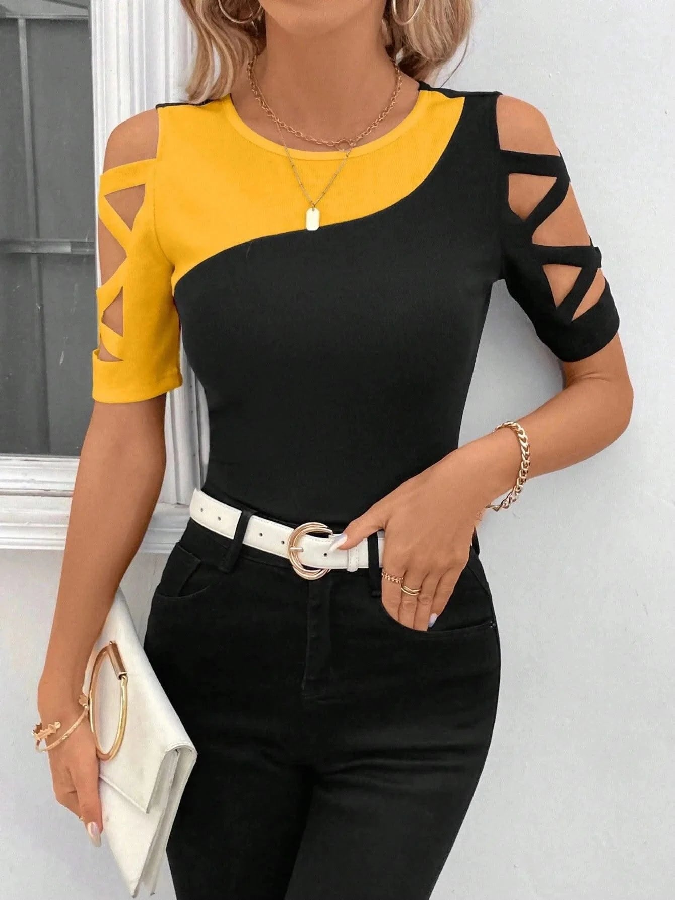 Women's Blouses T-shirt Summer New Colour Block Cross Off Shoulder