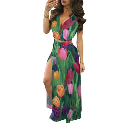 Women's 2 Piece Outfits Off Shoulder Loose Irregular Hem Top High Waist Lounge Dress Suits Casual Floral Print Sets