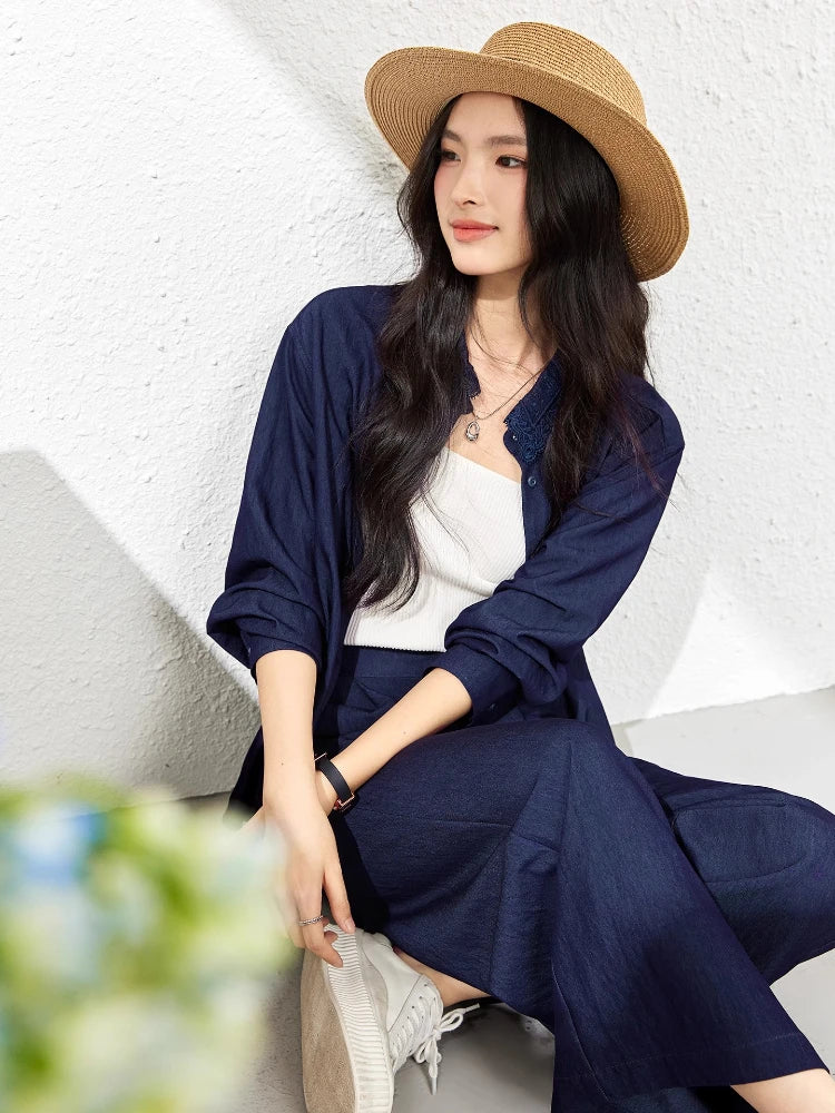 VIMLY Navy Blue Denim Suit Women's 2025 Autumn Outfits Vintage Lace Polo Collar Shirt Wide Legs Pants Ladies 2 Piece Sets A2526