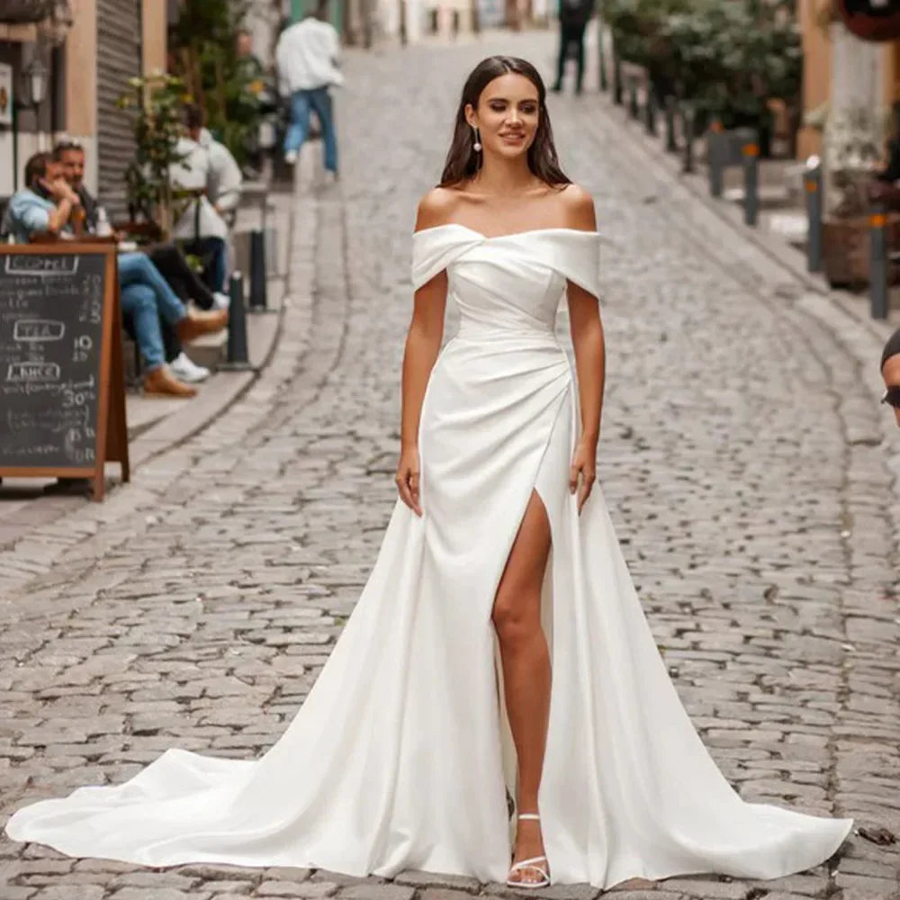 Elegant Off The Shoulder Soft Satin Sheath/Mermaid Plus Size Wedding Dresses Side Slit Detachable Train Formal Bridal Grown 2025