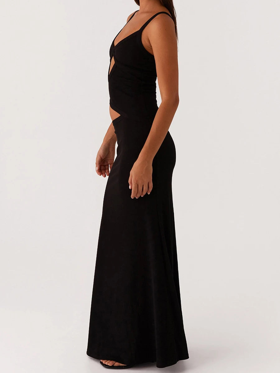 Women Slip Dress Summer Elegant Sleeveless V-neck Backless Hollow Out Bodycon Long Dresses Maxi for Party Cocktail Prom Club