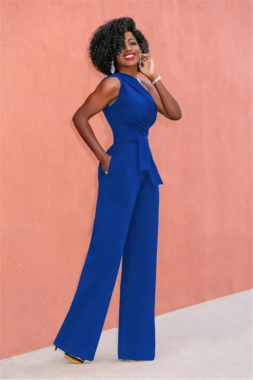 Women's Jumpsuit Solid Skew Collar Crop Top Straight Pants Belt Sexy Sleeveless Loose Pants Elegant Charming Playsuits 2024