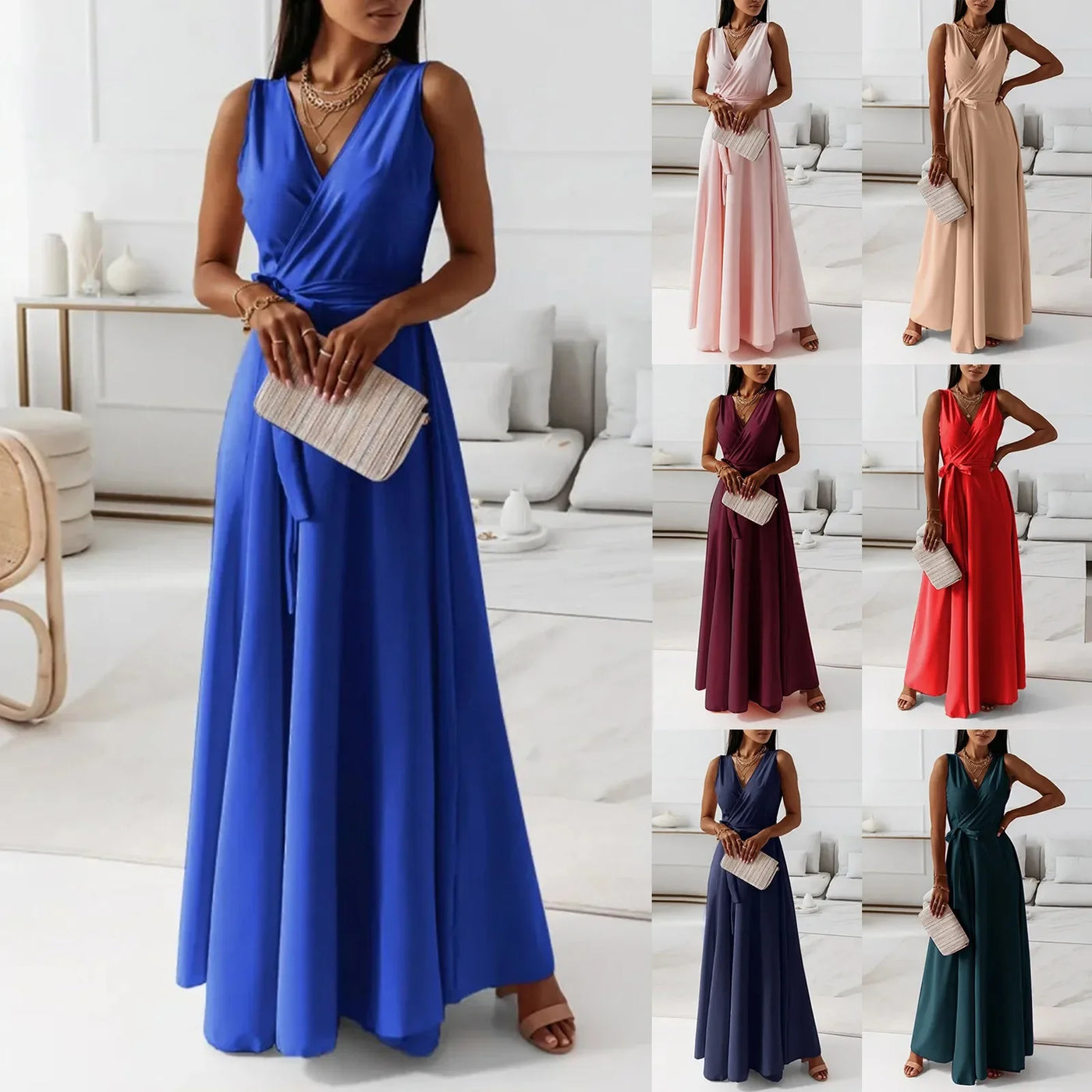Women's Elegant Solid long dresses Casual Sleeveless High Waist Sexy Evening Formal dresses Fit And Flare Dresses For Women