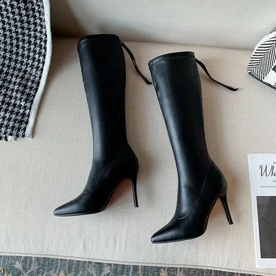 Women's Boots Elegant Heeled Long Footwear Winter Knee High Shaft Heels Shoes for Woman Pointed Toe Tassel Chic Fashion 2024 Hot